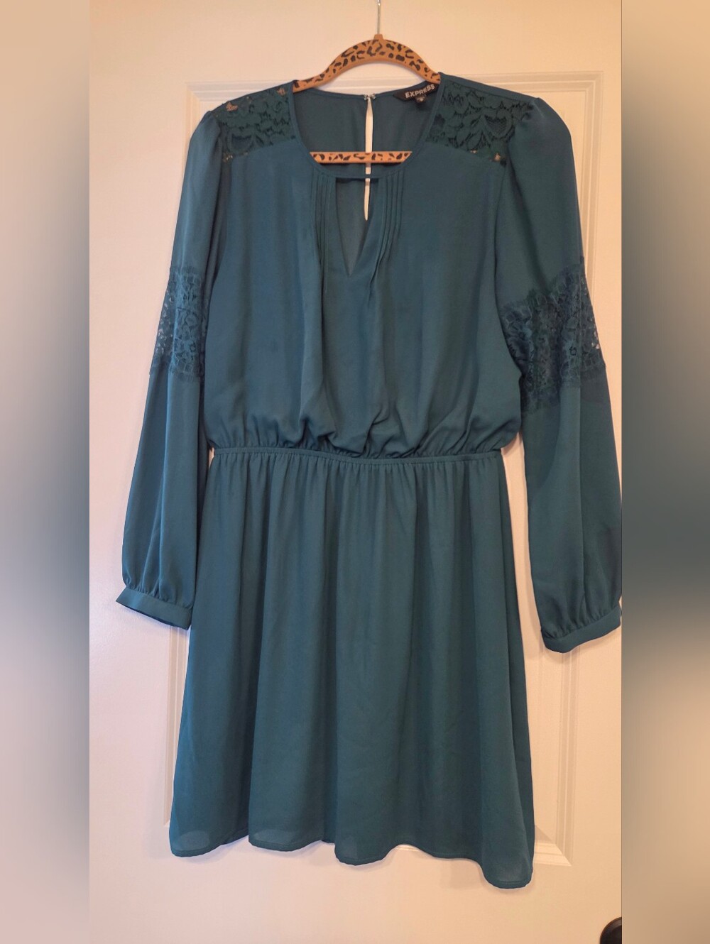 Express Teal Long-Sleeve Lace-Detail Dress
